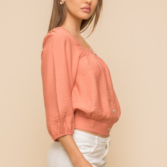HEM & THREAD Terracotta Square Neck Button Front Blouse | Balloon Sleeve a - Picture 4 of 6